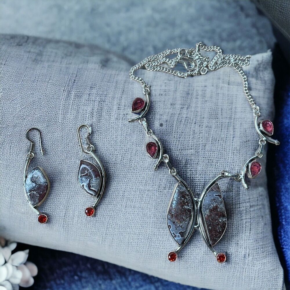 VTG Handmade Jewelry Set Necklace+Earring Women 18"/35Gm Silver Agate Pink Topaz